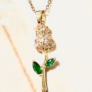 Gold plated sterling silver Pendant Necklace with Green Leaf Accents